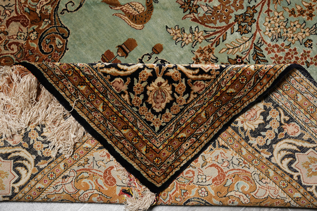 3.7 x 5.9 Green Silk Rug Authentic Persian Qom Carpet #LA-53273