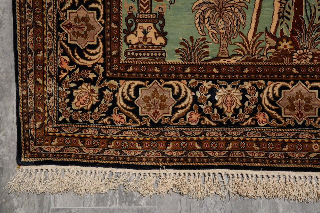 3.7 x 5.9 Green Silk Rug Authentic Persian Qom Carpet #LA-53273