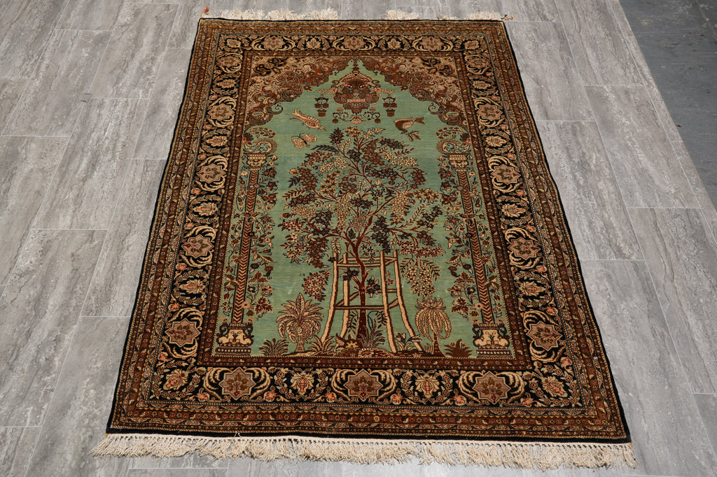 3.7 x 5.9 Green Silk Rug Authentic Persian Qom Carpet #LA-53273
