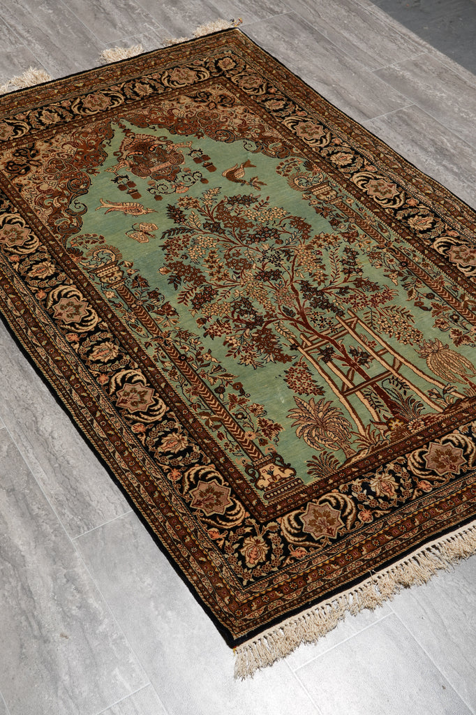 3.7 x 5.9 Green Silk Rug Authentic Persian Qom Carpet #LA-53273