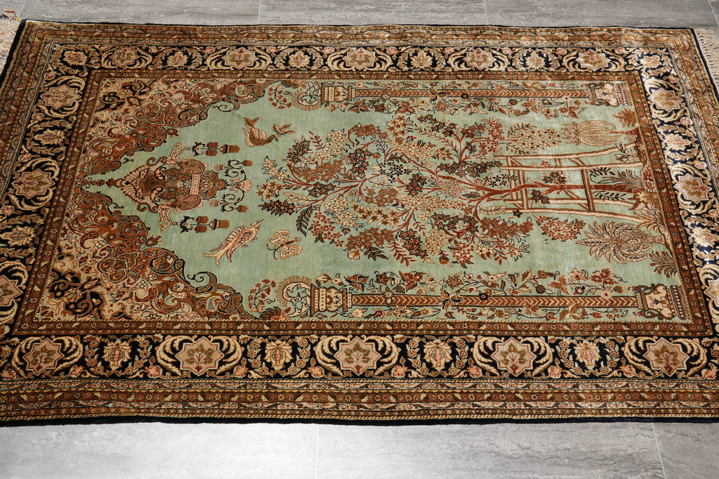 3.7 x 5.9 Green Silk Rug Authentic Persian Qom Carpet #LA-53273