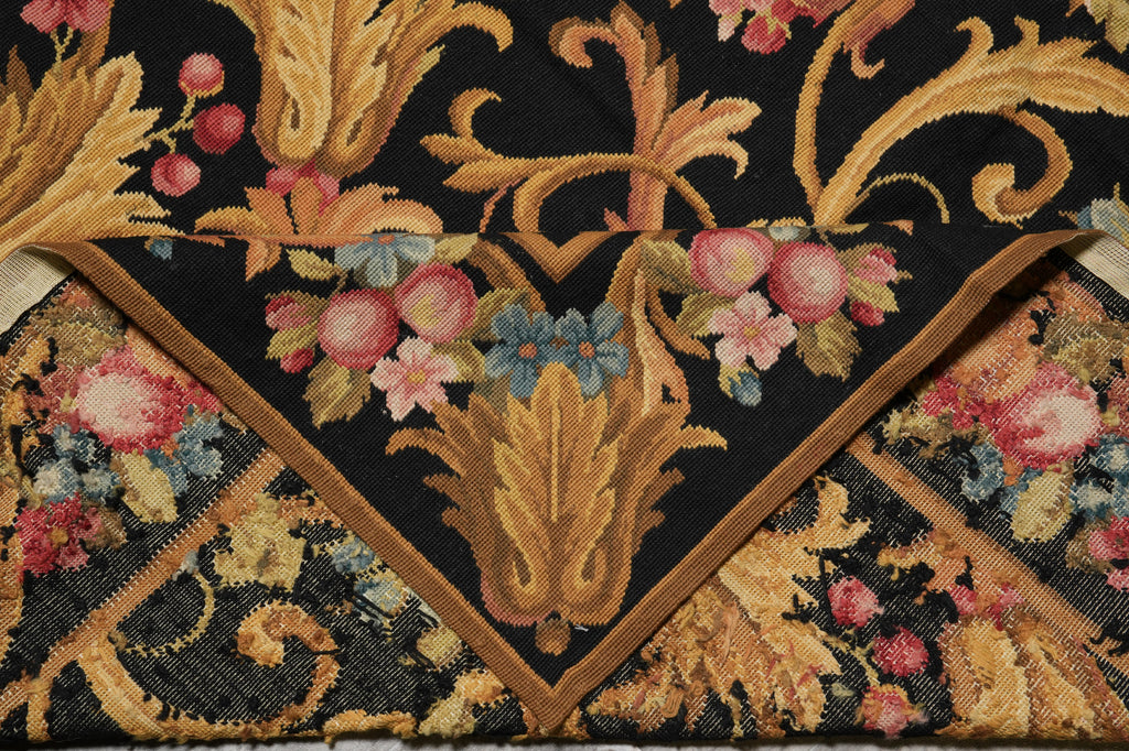 8.8 x 11.8 Black French English Floral Needle Point Rug Sale #S10-1408