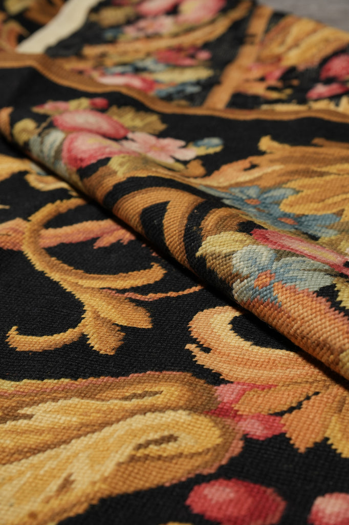 8.8 x 11.8 Black French English Floral Needle Point Rug Sale #S10-1408