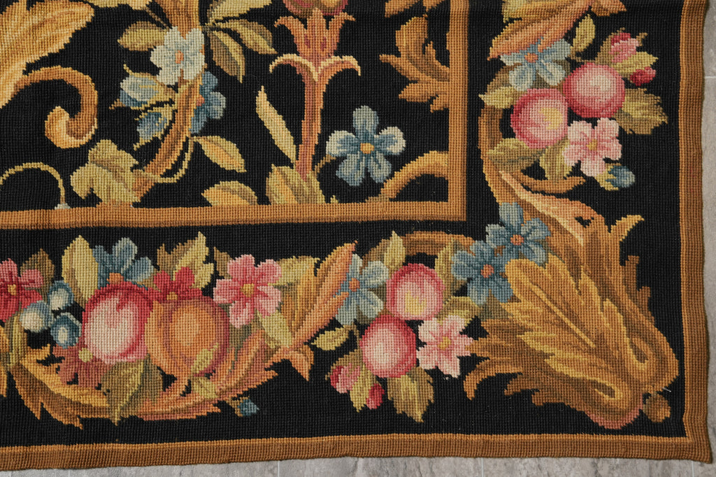 8.8 x 11.8 Black French English Floral Needle Point Rug Sale #S10-1408