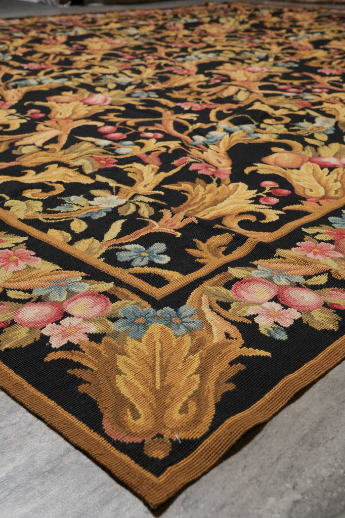 8.8 x 11.8 Black French English Floral Needle Point Rug Sale #S10-1408