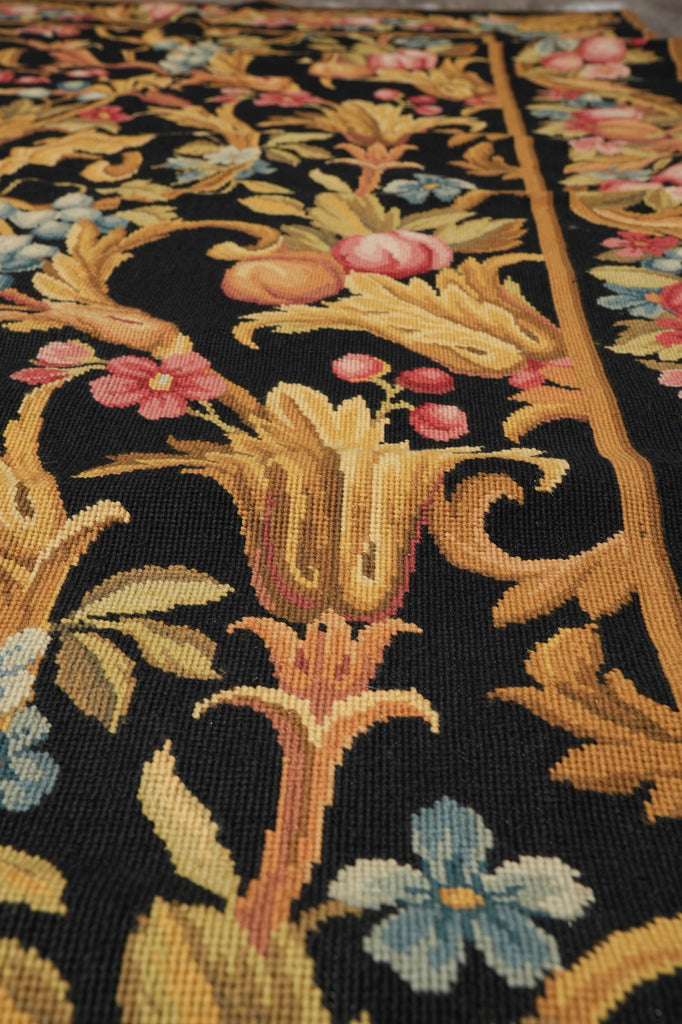 8.8 x 11.8 Black French English Floral Needle Point Rug Sale #S10-1408