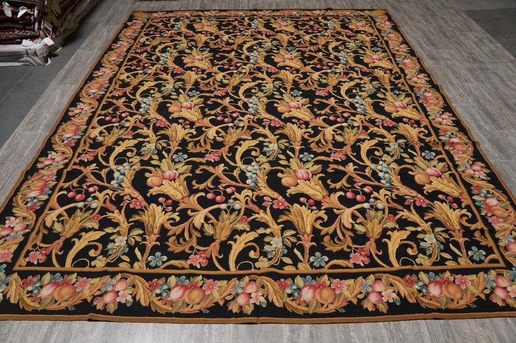 8.8 x 11.8 Black French English Floral Needle Point Rug Sale #S10-1408