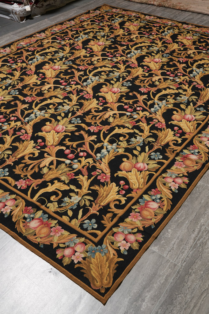 8.8 x 11.8 Black French English Floral Needle Point Rug Sale #S10-1408