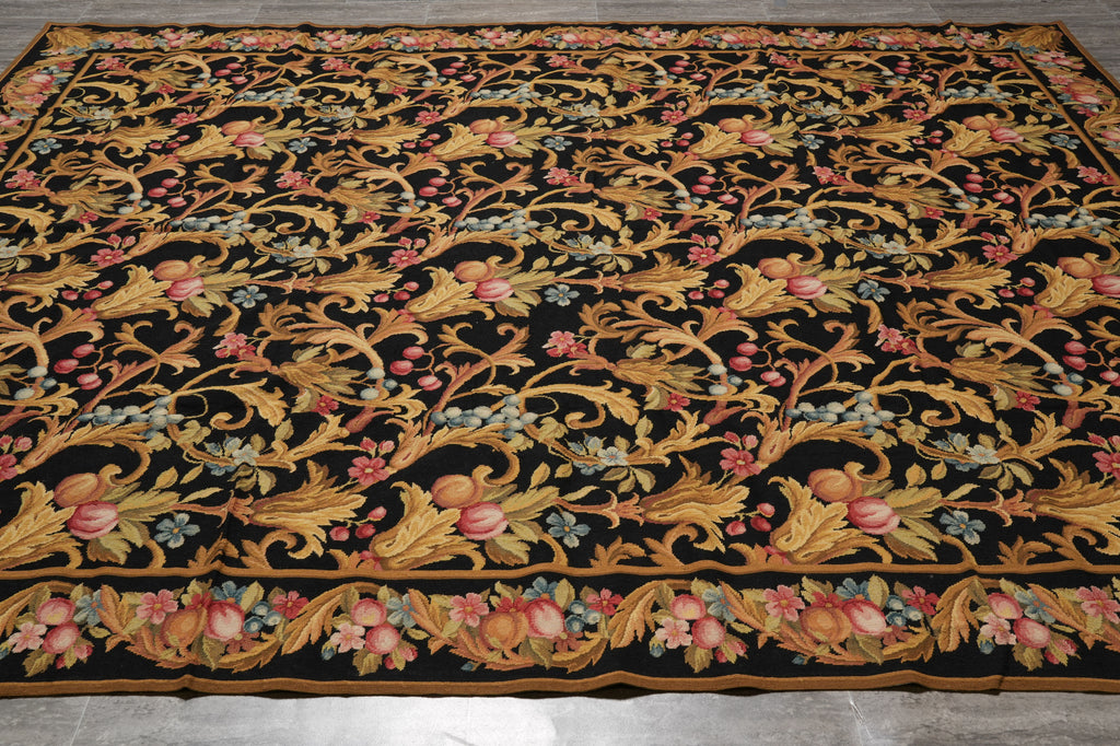 8.8 x 11.8 Black French English Floral Needle Point Rug Sale #S10-1408