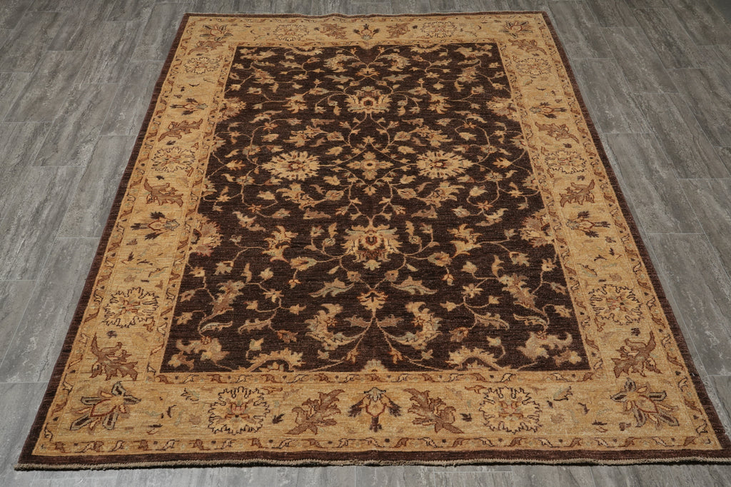 6 x 8.3 DARK BROWN Transitional Chobi Peshwar Hand-Knotted Rug - Pakistan #PIX-21419