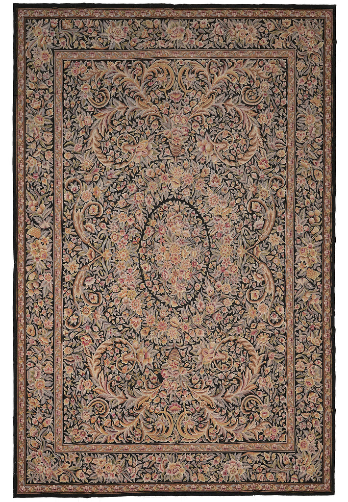 10 x 14.4 Black Flat Aubusson Weave Rug Tapestry Carpet Unique