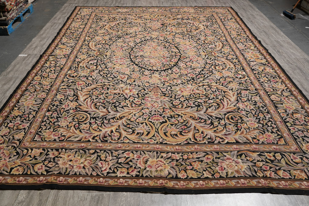 10 x 14.4 Black Flat Aubusson Weave Rug Tapestry Carpet Unique #PIX-4683