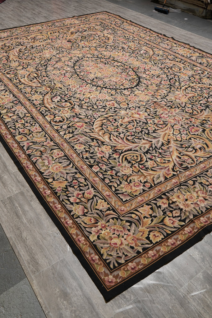 10 x 14.4 Black Flat Aubusson Weave Rug Tapestry Carpet Unique #PIX-4683