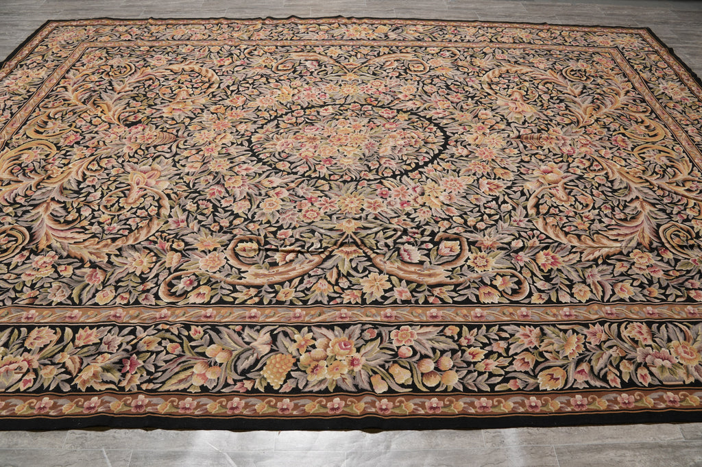 10 x 14.4 Black Flat Aubusson Weave Rug Tapestry Carpet Unique #PIX-4683
