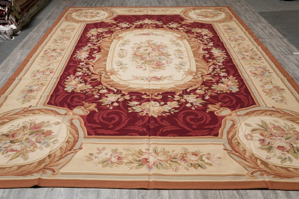10 x 14 FLAT WEAVE AUBUSSON RUG BURGUNDY #PIX-14905