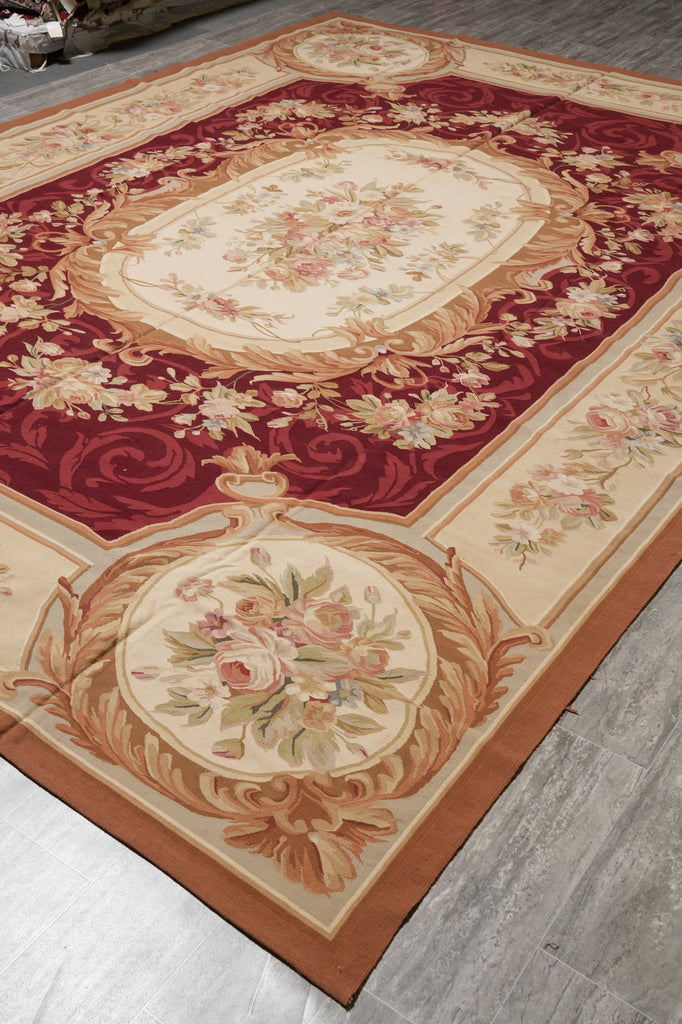 10 x 14 FLAT WEAVE AUBUSSON RUG BURGUNDY #PIX-14905