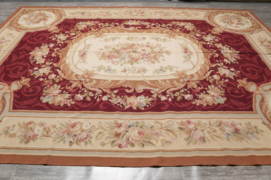 10 x 14 FLAT WEAVE AUBUSSON RUG BURGUNDY #PIX-14905