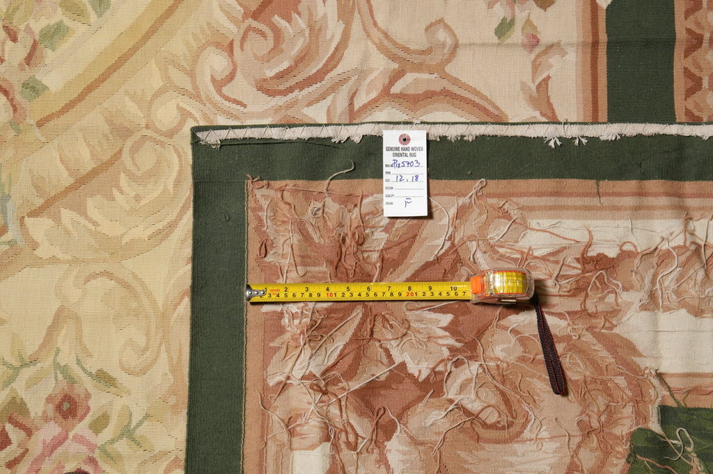 12 x 18 Flat Weave Aubusson Rug Ivory Green #PIX-5703