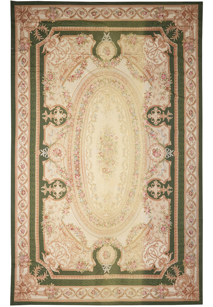 12 x 18 Flat Weave Aubusson Rug Ivory Green