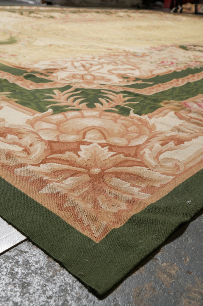 12 x 18 Flat Weave Aubusson Rug Ivory Green #PIX-5703