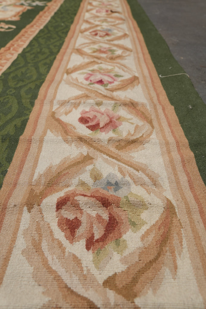 12 x 18 Flat Weave Aubusson Rug Ivory Green #PIX-5703