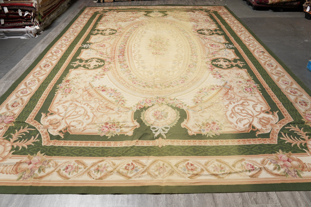 12 x 18 Flat Weave Aubusson Rug Ivory Green #PIX-5703