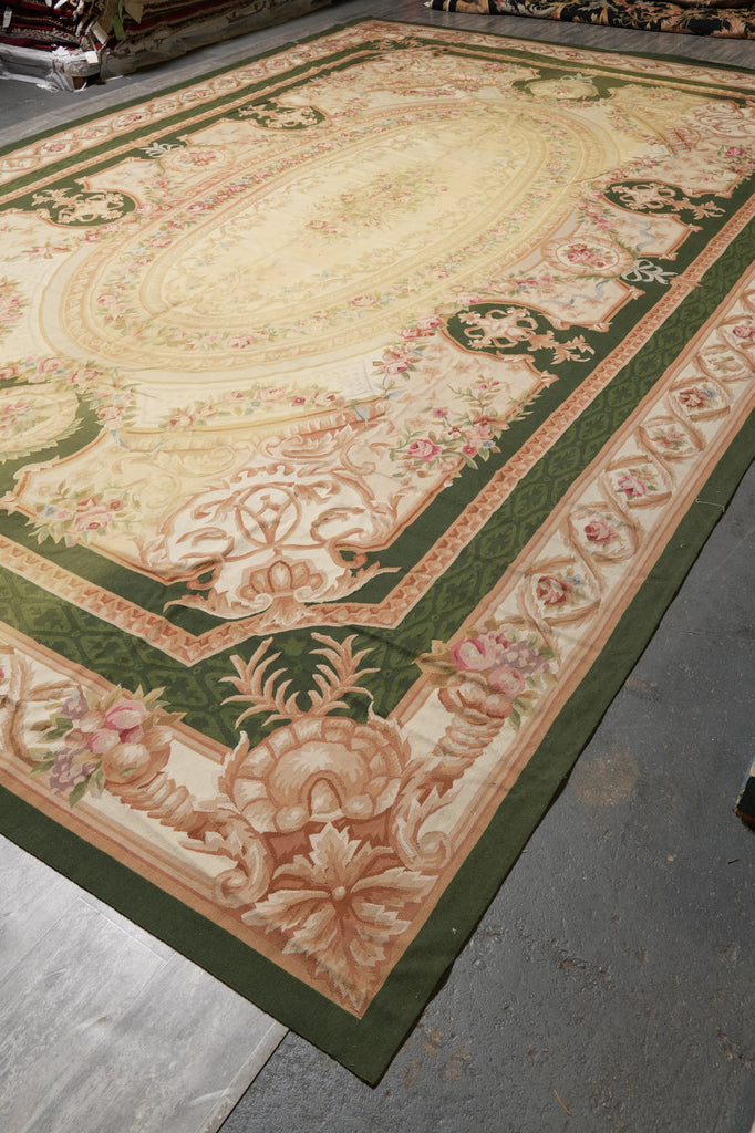 12 x 18 Flat Weave Aubusson Rug Ivory Green #PIX-5703