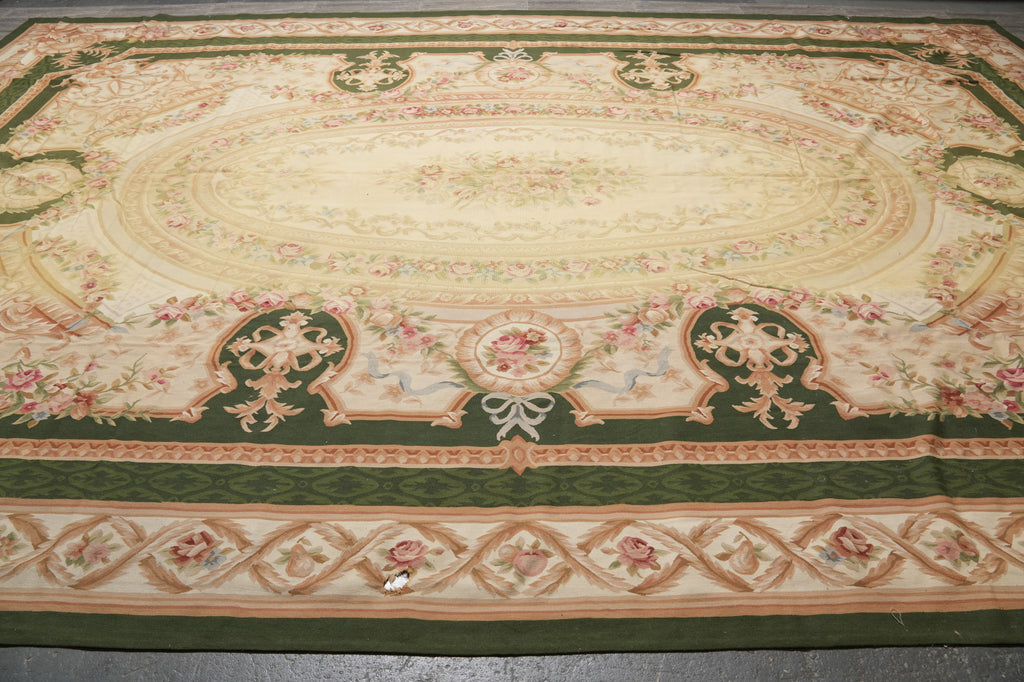 12 x 18 Flat Weave Aubusson Rug Ivory Green #PIX-5703