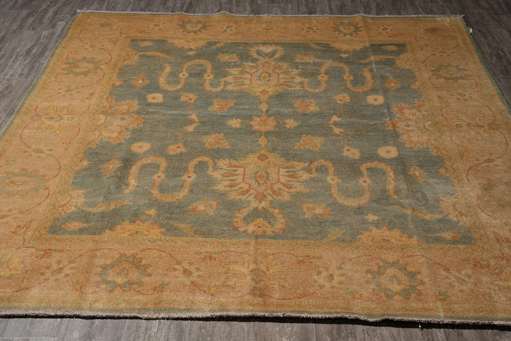 7.9 x 8.2 Handmade Oushak Chobi Rug GREEN GOLD  #PIX-25106