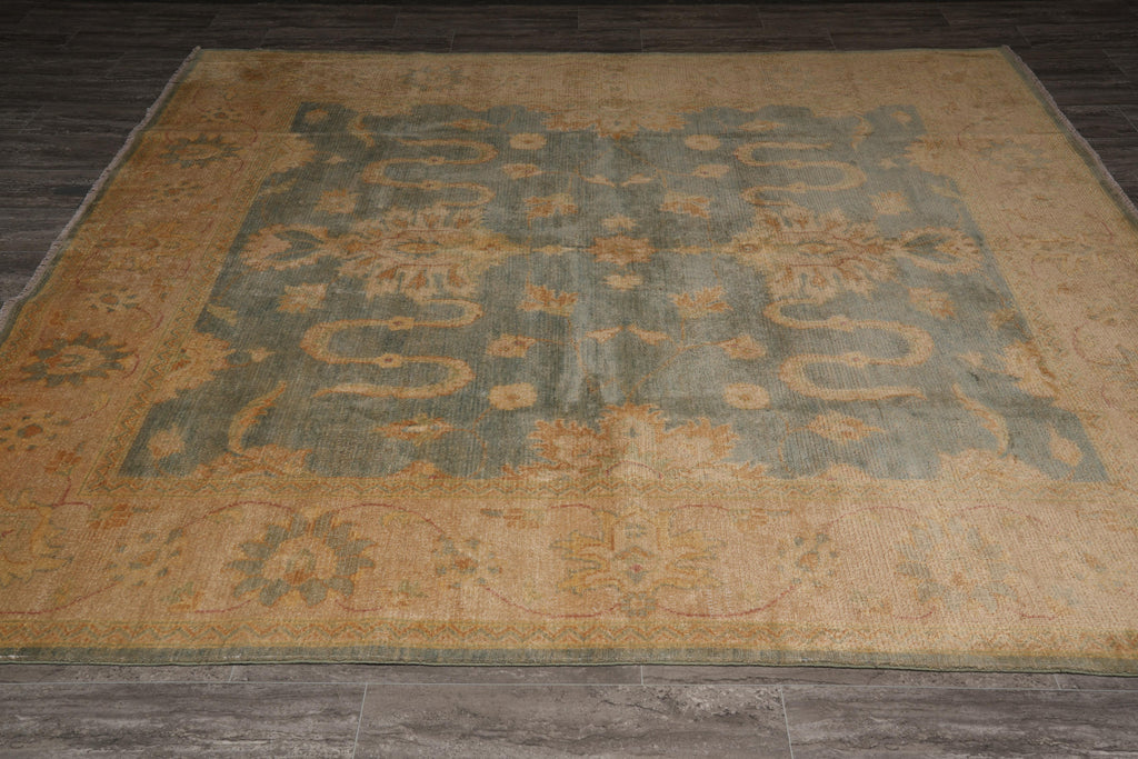 7.9 x 8.2 Handmade Oushak Chobi Rug GREEN GOLD  #PIX-25106