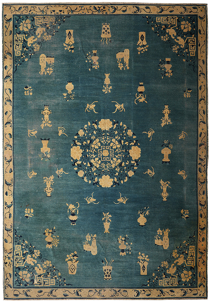 7.0 x 9.7 Antique Art Deco Chinese Beging Rug Blue #F-4015