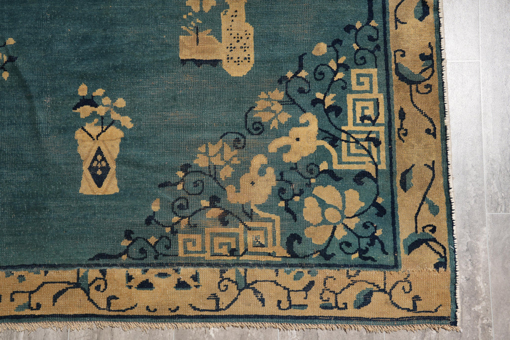 7.0 x 9.7 Antique Art Deco Chinese Beging Rug Blue #F-4015
