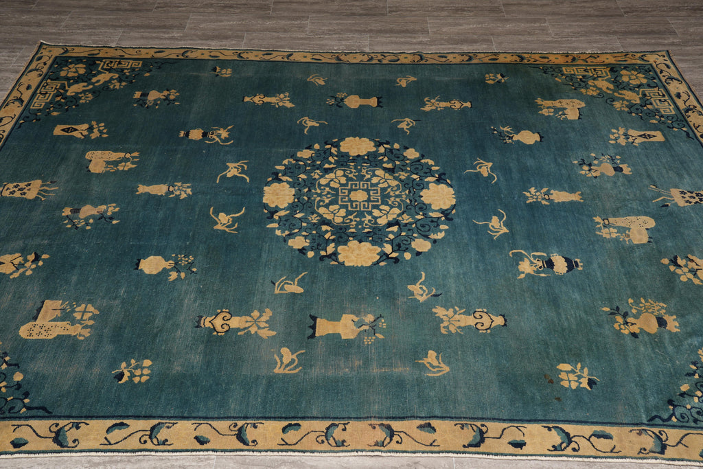 7.0 x 9.7 Antique Art Deco Chinese Beging Rug Blue #F-4015