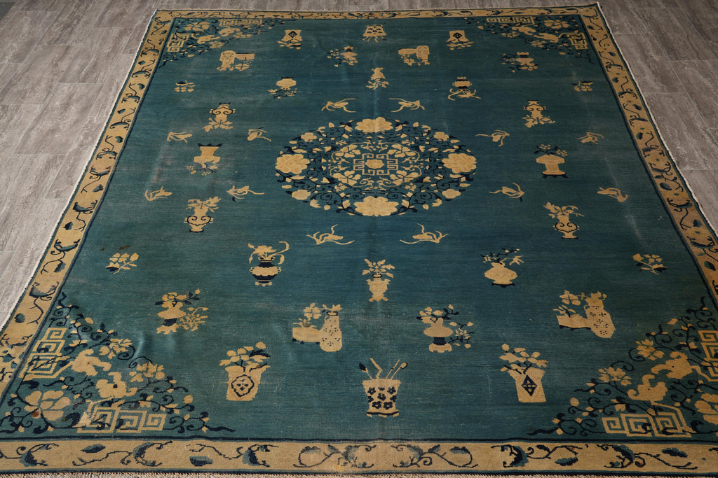 7.0 x 9.7 Antique Art Deco Chinese Beging Rug Blue #F-4015