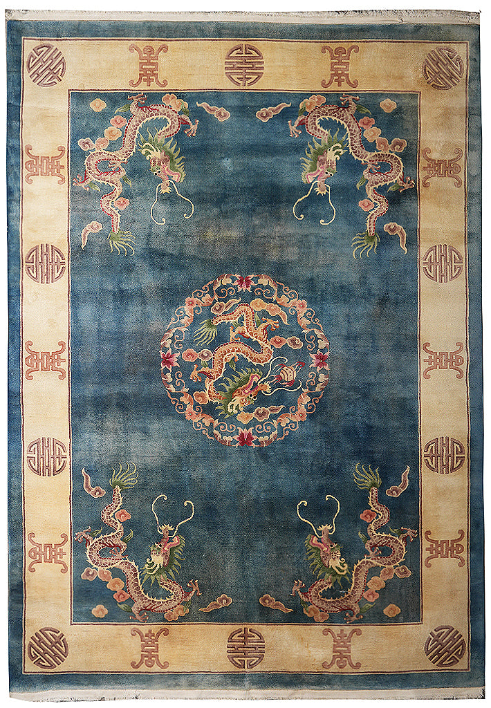 8.6 x 11.8 Semi-Antique Chinese Art Deco Rug Dragon Friendship #F-4017