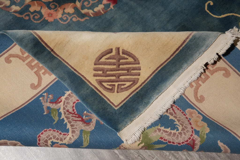 8.6 x 11.8 Semi-Antique Chinese Art Deco Rug Dragon Friendship #F-4017