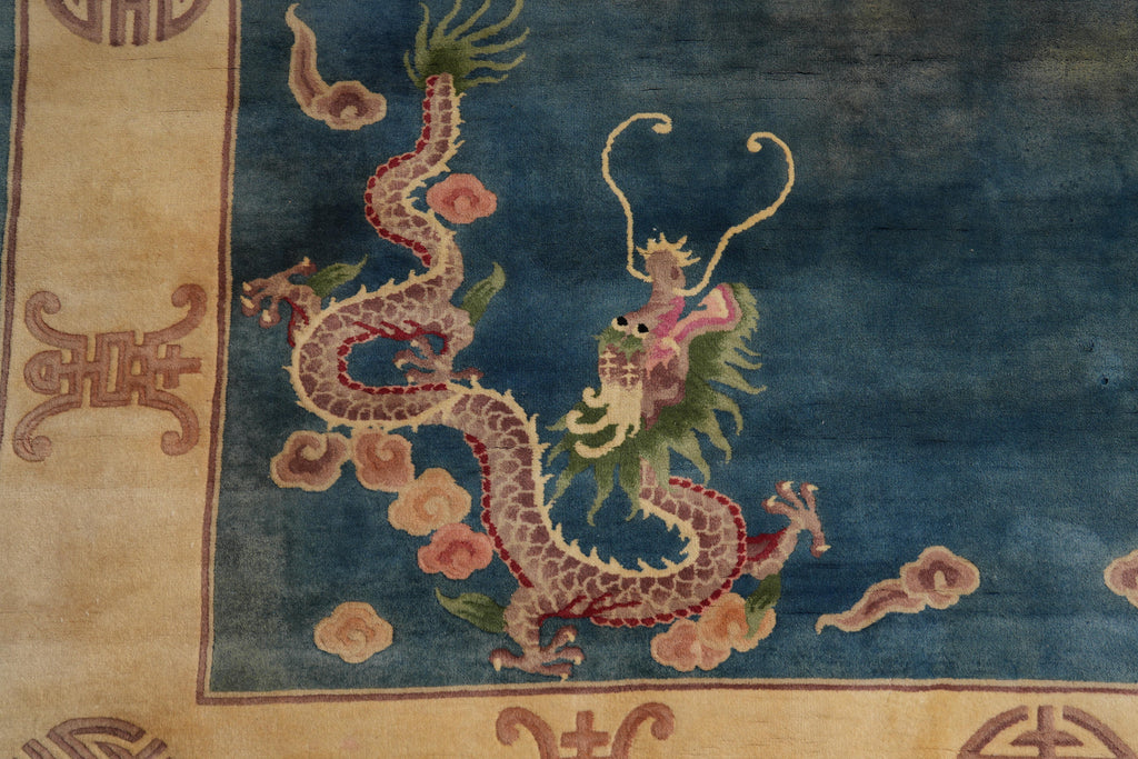 8.6 x 11.8 Semi-Antique Chinese Art Deco Rug Dragon Friendship #F-4017