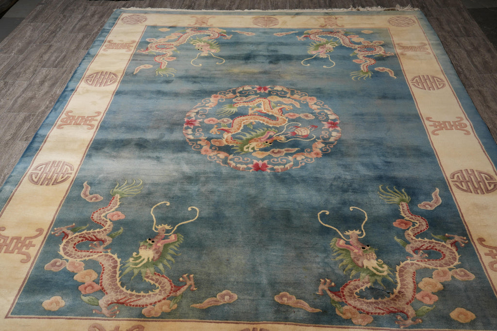 8.6 x 11.8 Semi-Antique Chinese Art Deco Rug Dragon Friendship #F-4017