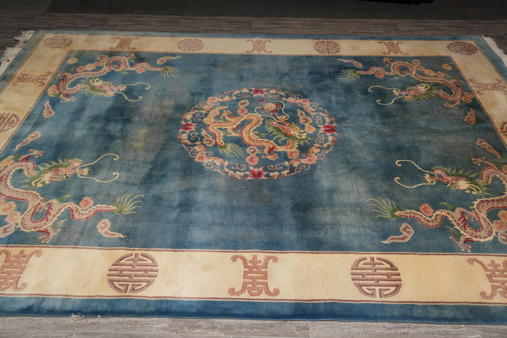 8.6 x 11.8 Semi-Antique Chinese Art Deco Rug Dragon Friendship #F-4017