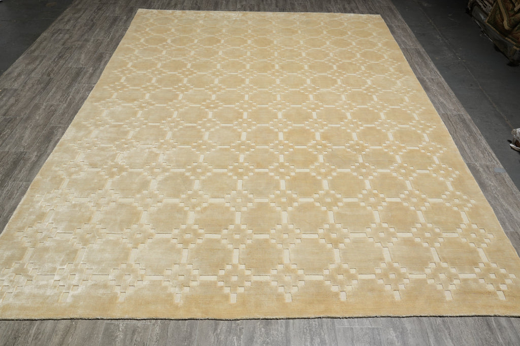 8.8 x 12.5 Modern Beige Gold & Ivory Handmade Rug #F-5422