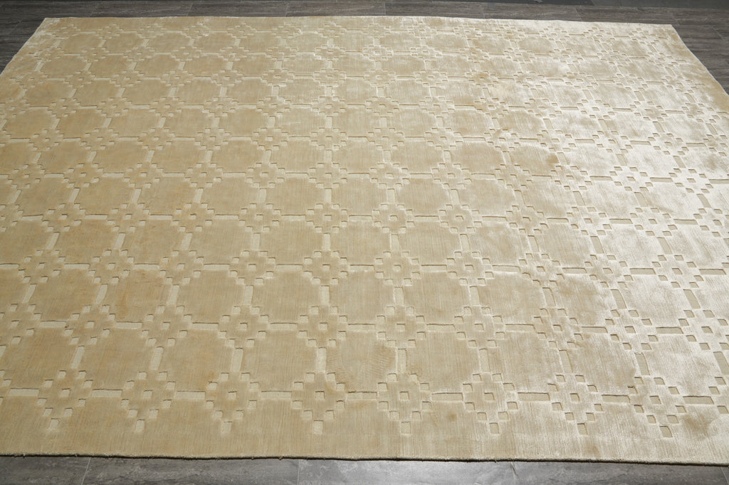 8.8 x 12.5 Modern Beige Gold & Ivory Handmade Rug #F-5422