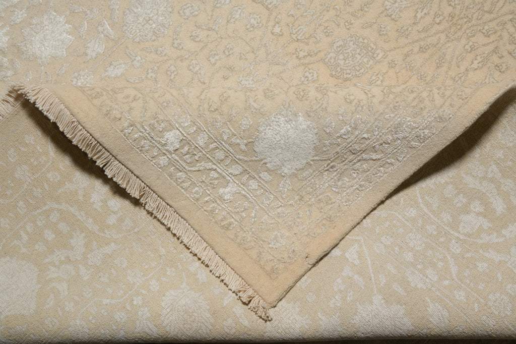 9 x 12 Neutral Wool and Silk Fine weave Hand-knotted in India Fancy Rug Two Tone color #F-5664