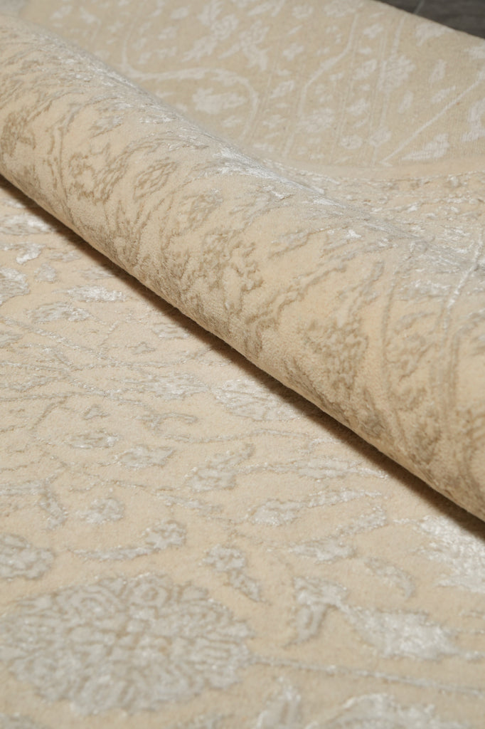 9 x 12 Neutral Wool and Silk Fine weave Hand-knotted in India Fancy Rug Two Tone color #F-5664