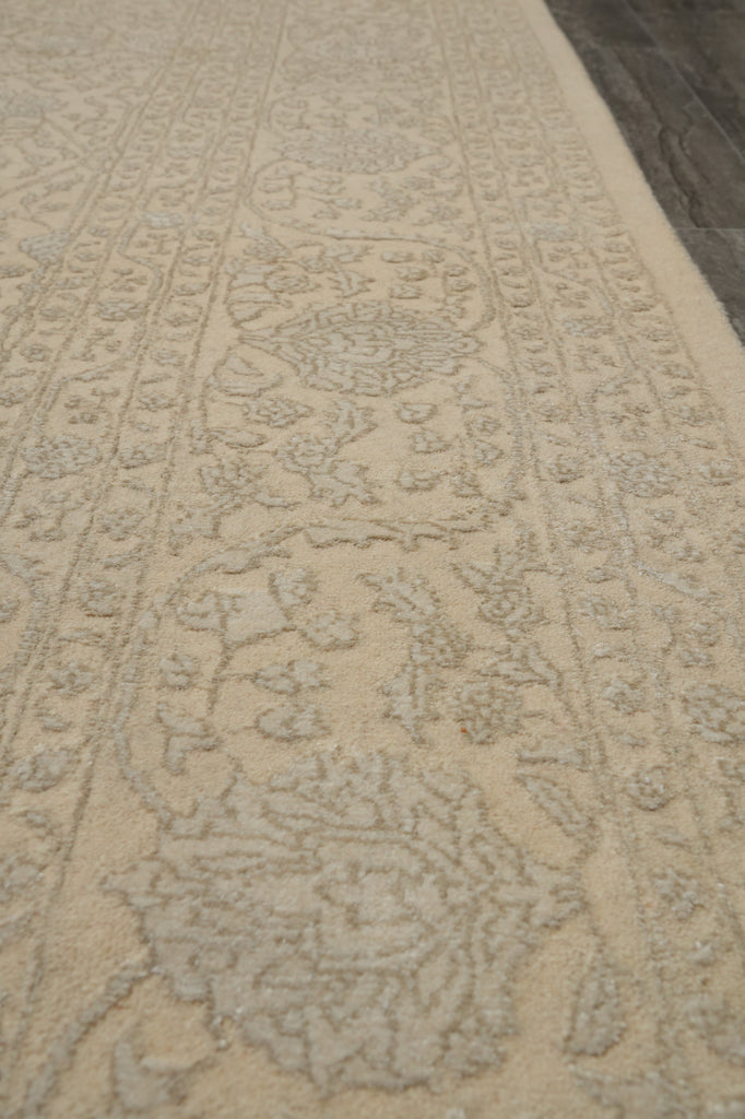 9 x 12 Neutral Wool and Silk Fine weave Hand-knotted in India Fancy Rug Two Tone color #F-5664