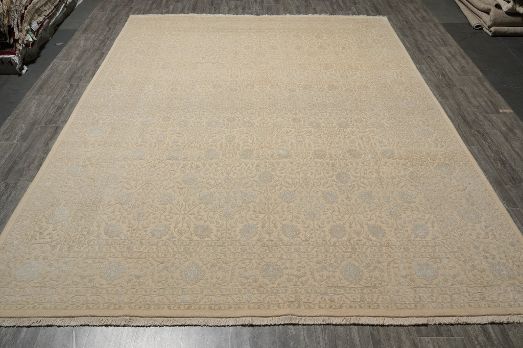 9 x 12 Neutral Wool and Silk Fine weave Hand-knotted in India Fancy Rug Two Tone color #F-5664