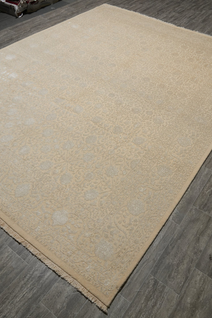 9 x 12 Neutral Wool and Silk Fine weave Hand-knotted in India Fancy Rug Two Tone color #F-5664