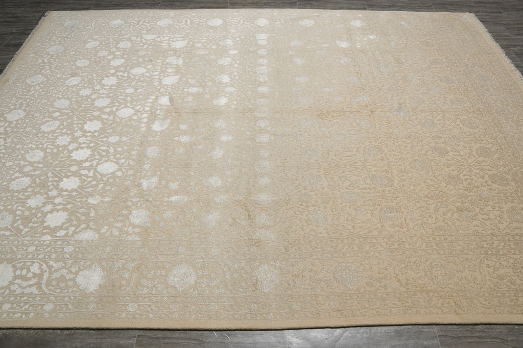 9 x 12 Neutral Wool and Silk Fine weave Hand-knotted in India Fancy Rug Two Tone color #F-5664