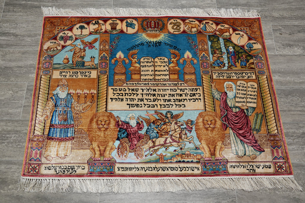 3 x 4 Judaica Ten Commandments Silk Rug Handmade Hanging Art Carpet #60252