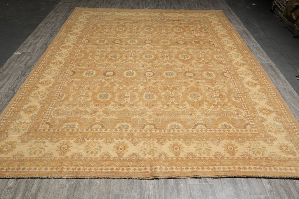 10 x 13.4 Neutral Brown Gold Warm colors quality Natural Wool Handmade Chobi Peshawar Ziegler rug #PIX-20336