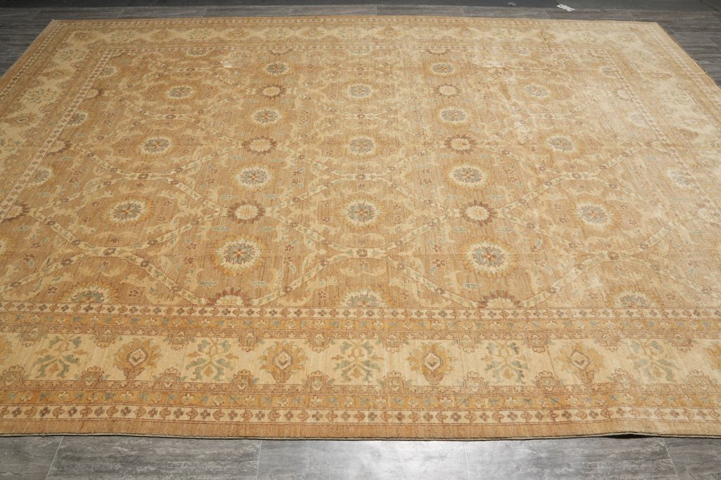 10 x 13.4 Neutral Brown Gold Warm colors quality Natural Wool Handmade Chobi Peshawar Ziegler rug #PIX-20336